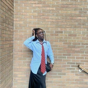 Striped Blue Shirt with Red Tie